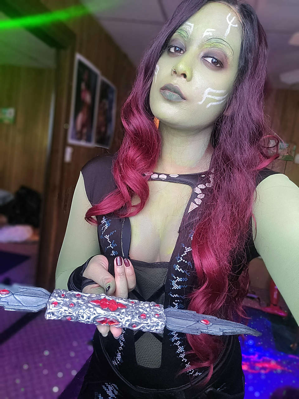 Gamora Cosplay With Foam Prop Made Out Of Popsicle Stick